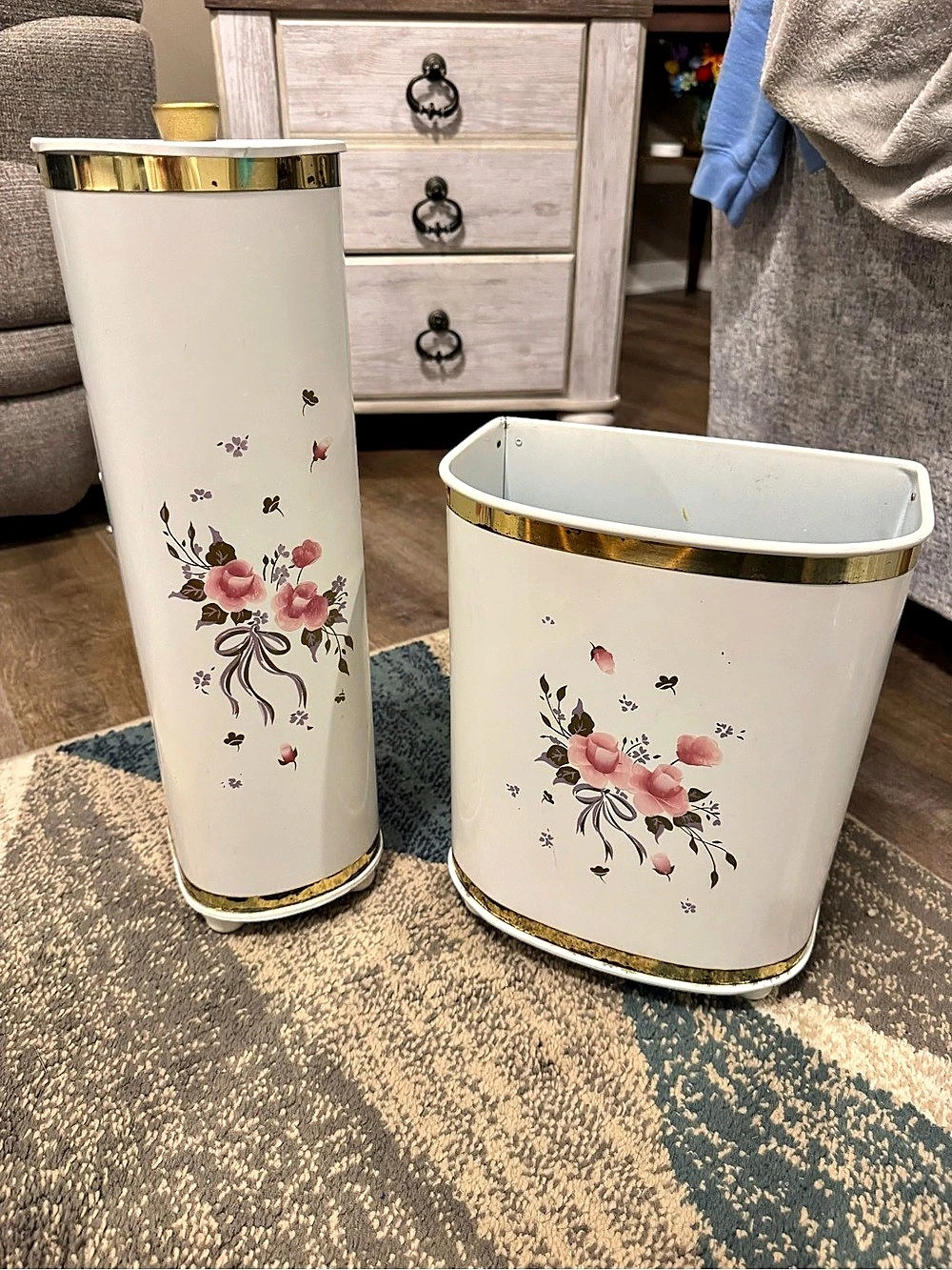 Vintage trash can and toilet brush holder